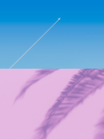3d rendering of a minimalist composition with palm tree shadows on a pink wall and an airplane with contrail in the clear blue sky. Summer travel concept.の写真素材