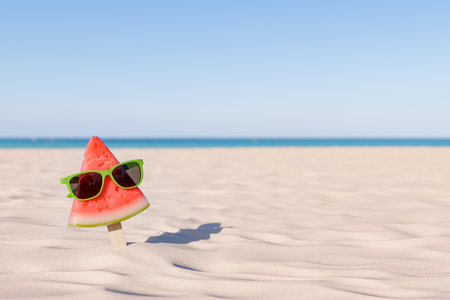 3d rendering of a whimsical watermelon slice on a stick sporting green sunglasses against a sunny beach backdrop with the ocean in the distance. Summer vacation concept.の写真素材