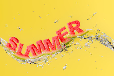 3d rendering of the word 'SUMMER' cut out from watermelon with water splashing around against a bright yellow background. Energetic summer concept.の写真素材