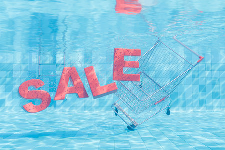 3d rendering of a metallic shopping cart and red "SALE" text submerged in a swimming pool, surreal retail and summer sale concept.の写真素材