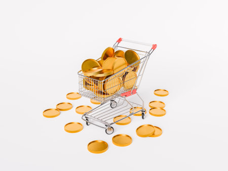 3d rendering of a shopping cart filled and surrounded by shiny gold coins against a white background. Wealth, savings, and financial concepts.の写真素材