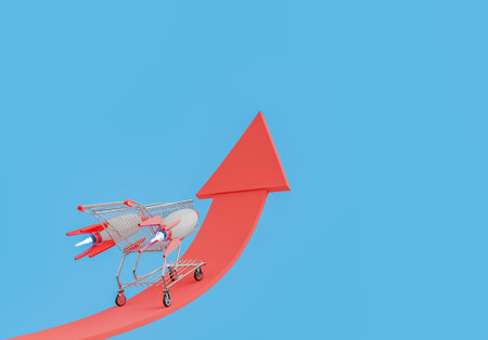 3d rendering of a rocket-powered shopping cart speeding up a red upward arrow against a blue background. Economic growth, sales increase, and dynamic market trends.の写真素材