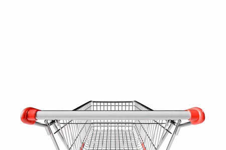 3d rendering of an empty metal shopping cart viewed from a shopper's first-person perspective, featuring red handle grips, isolated on a white background. Shopping experience.の写真素材