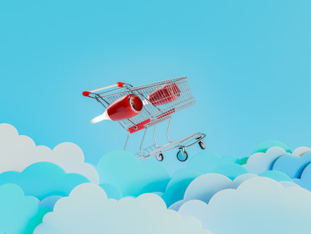3d rendering of a metal shopping cart with red handles and attached rocket engines flying high above stylized clouds against a blue background. Fast and efficient online shopping concept.の写真素材