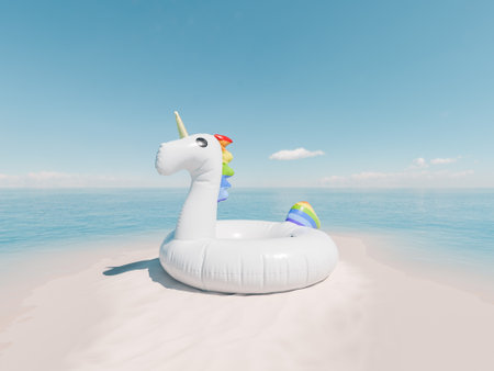 3d rendering of a white unicorn float resting on a tranquil sandbank surrounded by a serene tropical ocean. Holiday getaway concept.の写真素材
