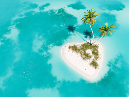 3d rendering of a heart-shaped island adorned with tropical palm trees, surrounded by the crystal clear turquoise waters of a tranquil ocean. Secluded paradise.の写真素材