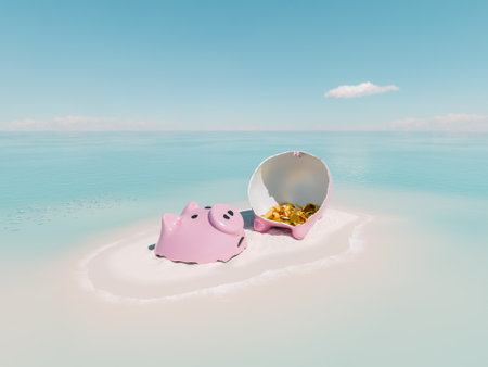 3D rendering of a broken piggy bank on a small sand island with coins on a calm sea background. Holiday savings concept.の写真素材