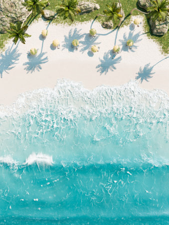 3D rendering of an overhead view of a white sandy beach with sun umbrellas and palm tree shadows, tropical paradise concept.の写真素材