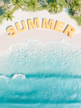 3D rendering of the word 'SUMMER' in bold letters over a top view of a tropical beach with palm trees and ocean waves.の写真素材