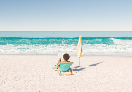 3D rendering of a person sitting on a beach chair under a yellow umbrella reading a book against the backdrop of a beautiful ocean and white sandy beach.の写真素材