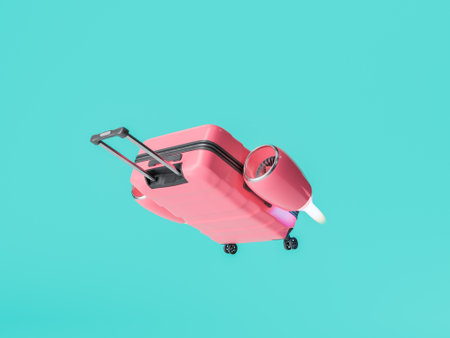 3D rendering of a pink suitcase with a jet engine against a turquoise background, symbolizing speed, efficiency, and the modern traveler's lifestyle.の写真素材