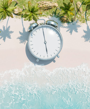 3D rendering of an oversized alarm clock on a sandy beach with palm trees in aerial view. Concept of...