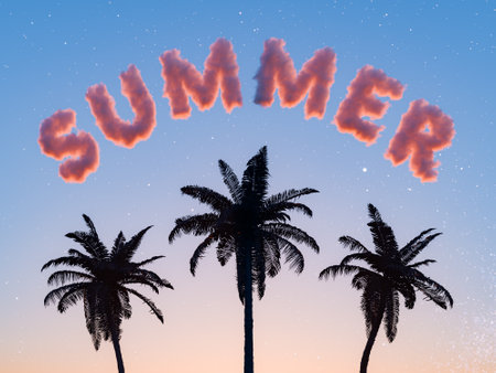 3D rendering of the word "SUMMER" shaped from clouds above silhouetted palm trees against a twilight sky. Magical summer sunset.の写真素材