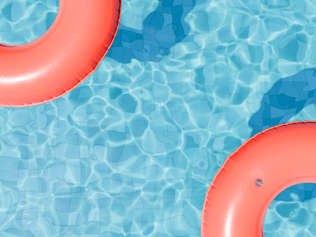 3D rendering of two red-colored swim rings on the shimmering surface of a swimming pool. Summer leisure concept.の写真素材