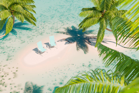 3D rendering of a serene sandy island oasis with palm trees and striped lounge chairs, surrounded by clear turquoise waters and vibrant marine life. Summer travel concept.の写真素材
