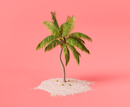 3D rendering of a minimalist composition of a palm tree with coconuts on a white sand pile against a vibrant red background. Minimal summer concept.の写真素材