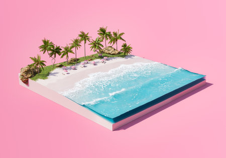 3D rendering of a conceptual tropical beach scene with palm trees and waves, isolated on a pink...