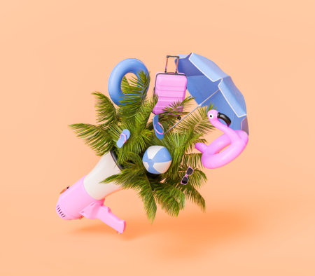 3D rendering of a summer vacation items including a suitcase, beach ball, sunglasses, and flamingo float, emerging from a megaphone with palm leaves on coral background. Summer arrival concept.の写真素材