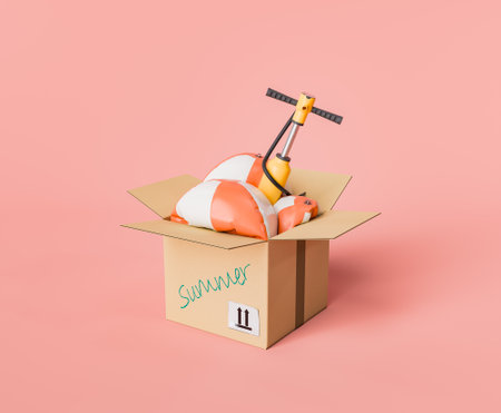 3D rendering of beach balls partially inflated with a hand pump peeking out of a cardboard box with "Summer" written on the side, against a soft pink background. Summer preparation concept.の写真素材