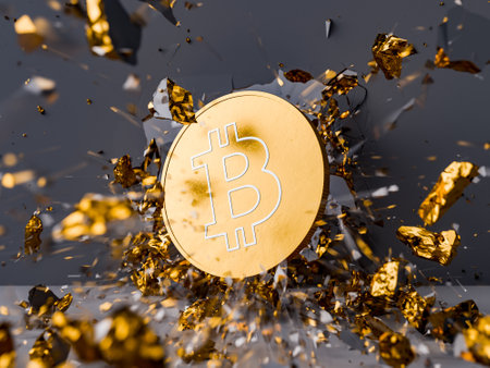 3D rendering of a golden Bitcoin coin forcefully breaks through a wall, symbolizing the breakthrough and impact of cryptocurrency mining in the financial world.の写真素材