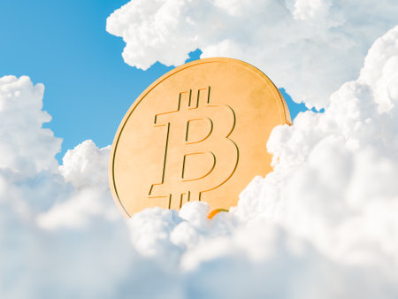 3D rendering of a golden Bitcoin coin rising through fluffy white clouds against a clear blue sky, representing the soaring aspirations and value of cryptocurrency.の写真素材