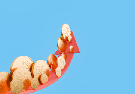 3D rendering of golden Bitcoin coins rolling upwards on a red growth arrow against a blue background. Rising trend and investment growth in cryptocurrency.の写真素材
