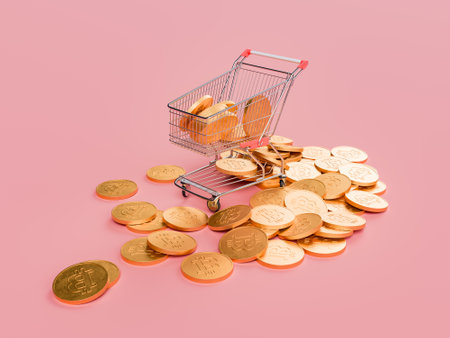 3D rendering of a metal shopping cart releasing a multitude of golden Bitcoin coins onto a pastel red background. Concept of cryptocurrency investment or market.の写真素材