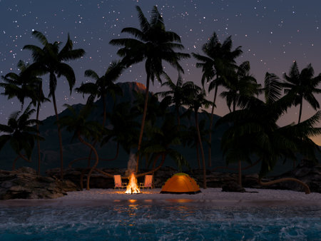 3D rendering of a night camping scene on a tropical beach with a tent illuminated from within, a bonfire, and palm trees under a starry sky. Summer nights concept.の写真素材