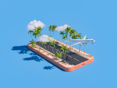 3D rendering of a commercial airplane taking off from a runway shaped like a smartphone, lined with palm trees on a blue background. Travel concept.の写真素材