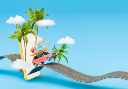 3d rendering of a red car packed with holiday items flying off a mobile phone road with palm trees and clouds. Digital detox vacation concept.の写真素材