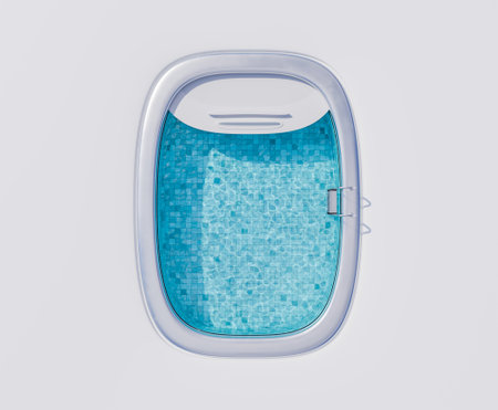 Pool of crystal clear water in the shape of an airplane window on a white background. Concept of...
