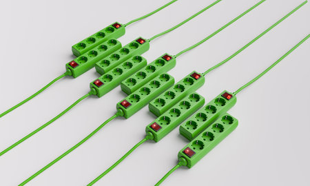 green power strips aligned on a white background. Concept of renewable energy, ecology, climate change and energy saving. 3d renderingの写真素材