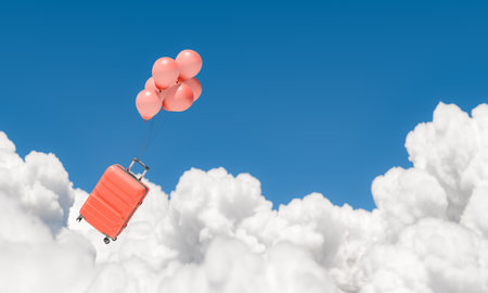 Red suitcase tied to a handful of balloons flying among fluffy clouds with a deep blue sky background. travel concept. 3d renderingの写真素材