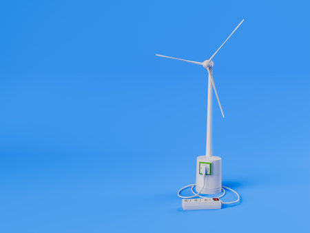 miniature wind turbine with a power strip connected on a blue studio background with copy space....