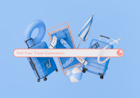3D rendering of a summer travel concept with luggage, beach ball, umbrella, and swimming ring with a search bar on a blue background. Vacation planning concept.の写真素材