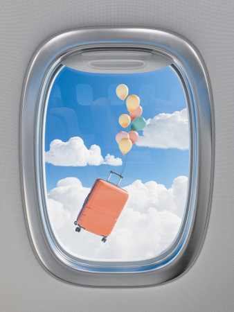 3D rendering of an orange suitcase tied to colorful balloons, floating outside an airplane window, against a backdrop of fluffy clouds. Travel adventure concept.の写真素材