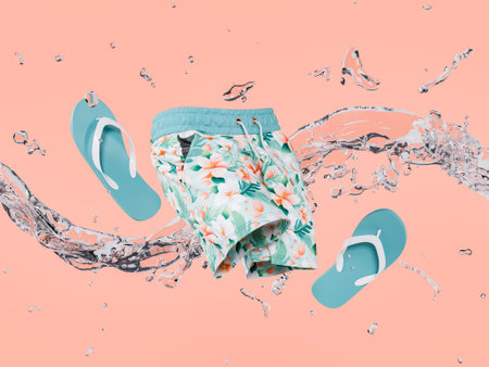 3D rendering of tropical swim shorts and flip-flops amidst a dynamic water splash, set against a coral backdrop. Refreshing summer concept.の写真素材