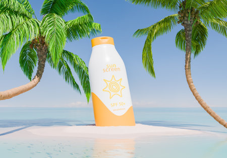 A sunscreen bottle with SPF 50 label stands on a sandy island surrounded by palm trees against a clear sky. Concept of summer and skin protection. 3d renderingの写真素材