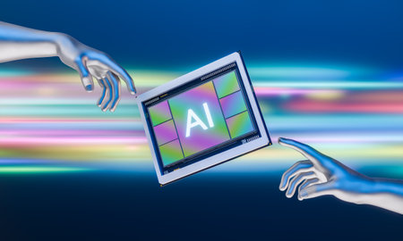 Stylized hands reaching towards an AI microchip with radiant holographic colors on a striped...