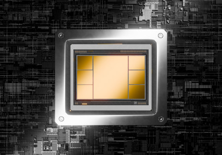 Top view of a gold CPU chip placed in a socket over a detailed circuit board backdrop. Technology,...