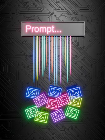 Digital prompt box above neon glowing image icons cascading on a circuit board background. Concept...