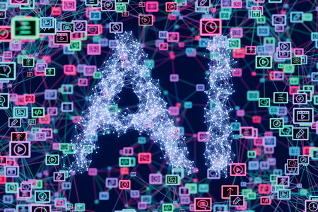 Sparkling 'AI' letters surrounded by a vibrant network of various digital media icons on a complex abstract background. Concept of multitude applications of artificial intelligence. 3d renderingの写真素材
