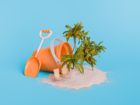 Playful beach scene with sand toys, striped chairs, and palm trees on sand against a blue background. Summer fun concept. 3d renderingの写真素材