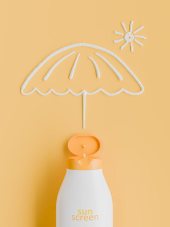 Sunscreen bottle with a drawing of an umbrella and sun made from cream, set against a solid yellow background. Summer skincare concept. 3d renderingの写真素材