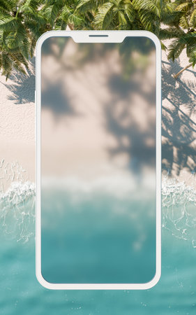 Smartphone framing a tropical beach scene with palm trees, white sand, and turquoise waters. Digital vacation concept. 3d renderingの写真素材