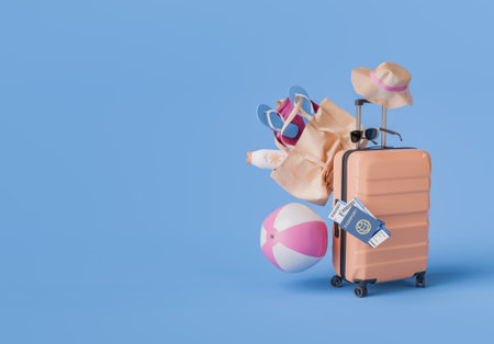 Travel suitcase packed with summer vacation essentials including beach ball, sunglasses, sandals, and sunblock against a vibrant blue background. Ready for summer travel concept. 3d renderingの写真素材