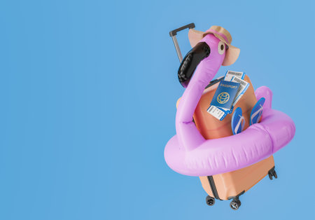 Travel setup with a suitcase in a pink flamingo float with a hat, sunglasses, sandals, and passport against a plain blue background. Summer adventure concept. 3d renderingの写真素材