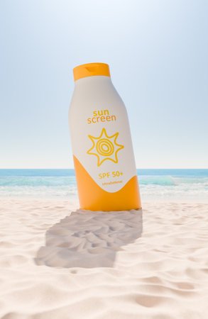 Giant sunscreen bottle labeled SPF 50 on sandy beach with ocean background. Sun protection on vacation concept. 3d renderingの写真素材