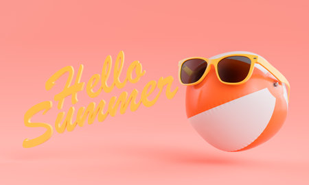 Playful summer scene featuring a stylized beach ball wearing yellow sunglasses against a red background with the phrase "Hello Summer" in bold yellow letters. Summer holidays concept. 3d renderingの写真素材