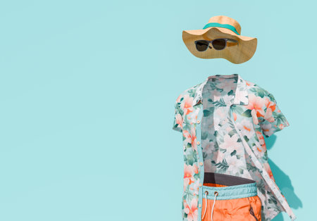 Summer beachwear on invisible man, styled with a floral shirt, orange swim shorts, straw hat, and sunglasses against a soothing blue background. Vacation fashion concept. 3d renderingの写真素材